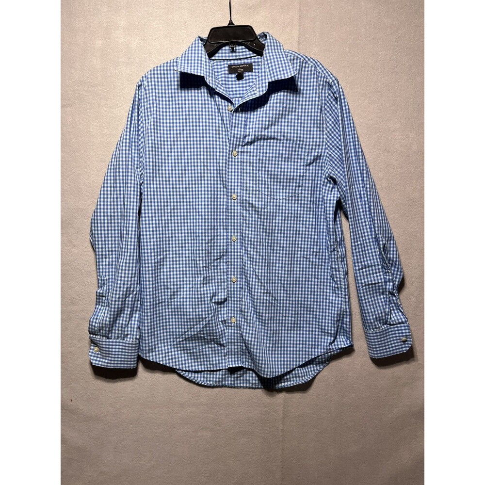 Banana Republic Shirt Mens L 16-16.5 34-35 Slim Fit Non Iron Blue Gingham Check